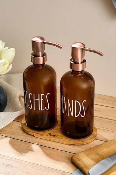 HOMENIVA Lozione Set of 2 Glass Kitchen Liquid Soap Dispenser - Soap Dispenser with Bamboo Stand
