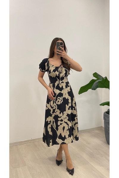 Nazline Women's Madonna Collar Tie Front Slit Short Sleeve Dress