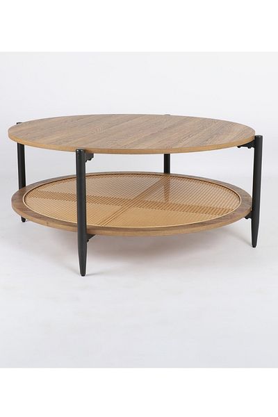 TrentonGCC Round Coffee Table with Rattan Shelf 100cm Diameter - Modern Living Room Table