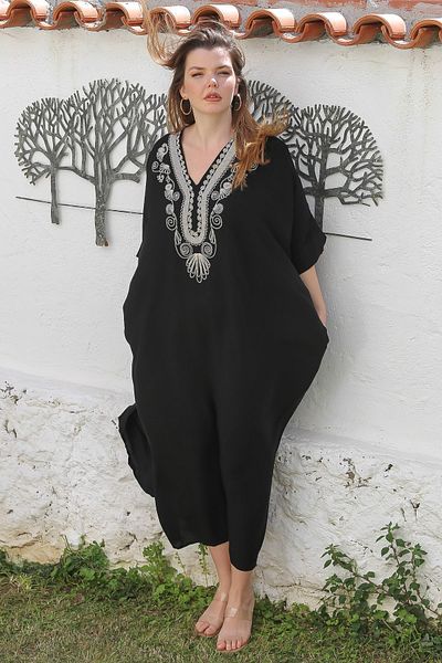 Chiccy Black V Fat Bat, Casual Viscose Woven Dress with Hidden Pocket on Sleeve and Slit Embroidery 140 95