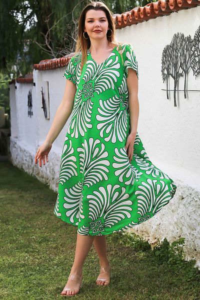 Chiccy Green V-Neck Low Sleeve Casual Viscose Woven Dress 115 66