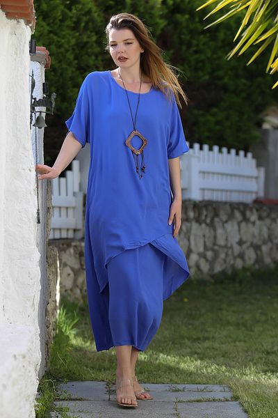 Chiccy Rochie țesătă casual, subțire, cu două straturi, cu mânecă scurtă, albastru lavandă 135 60