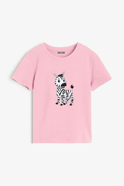 sielta Zebra Printed Children's Crew Neck Short Sleeve Light Pink T-Shirt
