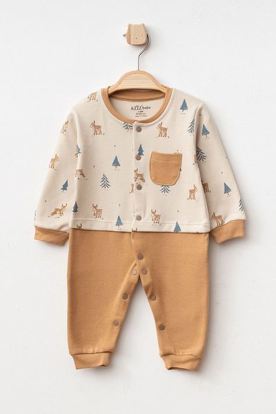 Aziz Bebe Baby Boy Deer Patterned Jumpsuit with Snap Fasteners 0 Month - 6 Months