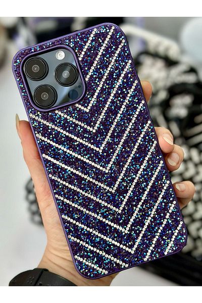 Go Aksesuar حافظة سيليكون متوهجة بتصميم ألماس منقوشة ومتوافقة مع هاتف Iphone 15 Pro