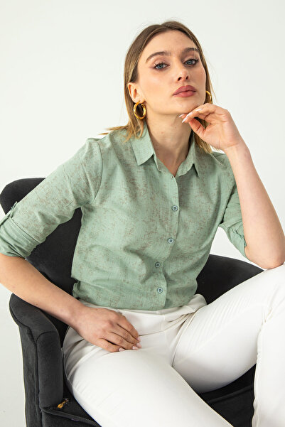 Nuevo Çağla Yeşili Sprey Kol Katlamalı Keten Gömlek