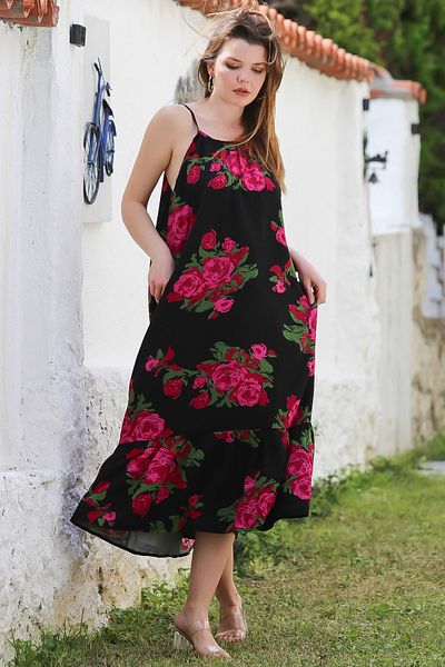 Chiccy Fusta neagră-fucsia cu buzunar ascuns, rochie casual din țesătură din viscoză cu bretele reglabile cu volane