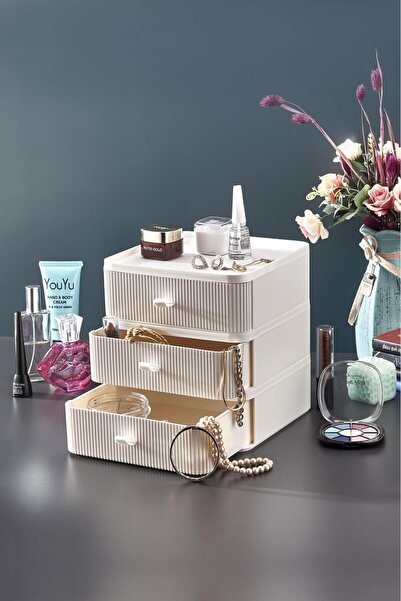 HOMENIVA Triobox 3'lü Beyaz Takı, Makyaj Ve Kozmetik Düzenleyici Çekmece, Ofis Masa Düzenleyici