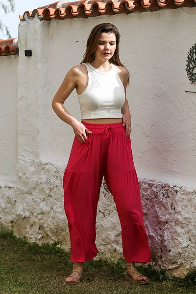 Chiccy Dark Pink Pocket Elastic Waist Flared Leg Casual Viscose Woven Trousers