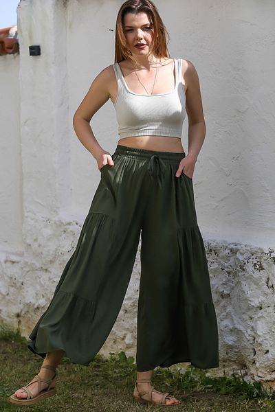 Chiccy Khaki Pocket Elastic Waist Spanish Leg - Casual Viscose Woven Trousers 108 65