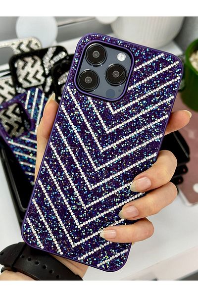 Go Aksesuar حافظة سيليكون متوهجة بتصميم ألماس منقوشة ومتوافقة مع هاتف Iphone 15 Pro