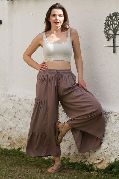 Chiccy Light Brown Pocket Elastic Waist Spanish Leg Casual Viscose Woven Trousers