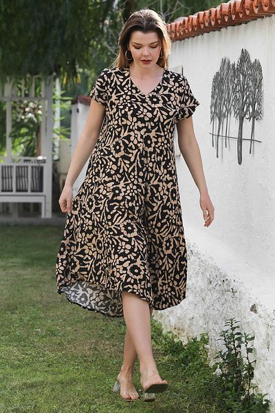 Chiccy Black-White V-Neck Low Sleeve Casul Viscose Fabric Dress