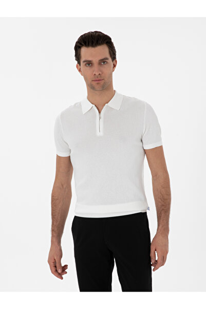 Cacharel Ekru Slim Fit Fermuarlı Polo Yaka Triko T-shirt 50300834-VR019