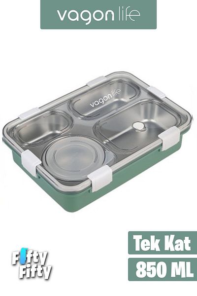 Vagonlife 850ml Large Size Stainless Steel Single Layer Four Compartment Lunch Box with Soup Bowl