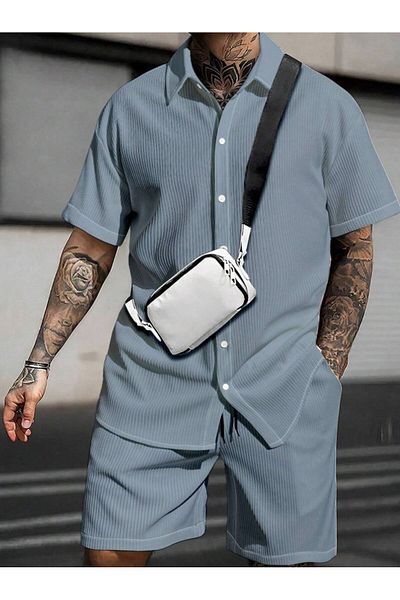 Altamira Men's Smoke Gray Short Sleeve Shirt Shorts Ottoman Set