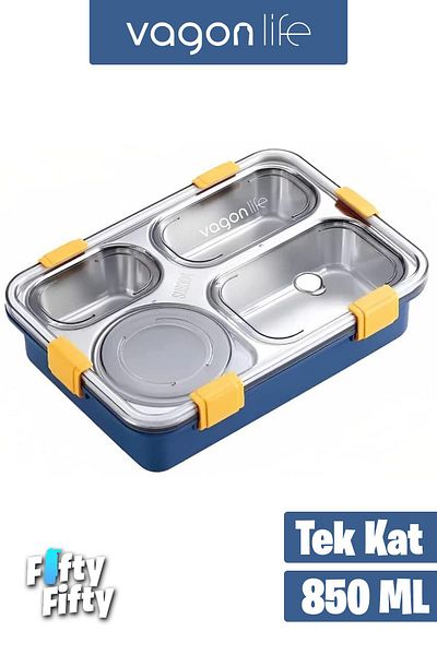 Vagonlife 850ml Large Size Stainless Steel Single Layer Four Compartment Lunch Box with Soup Bowl