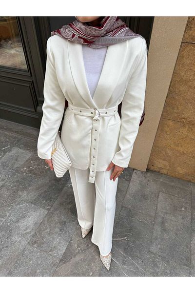 MYGİYİMİSTANBUL Tie-Up Blazer Jacket Wide Leg Trousers Set