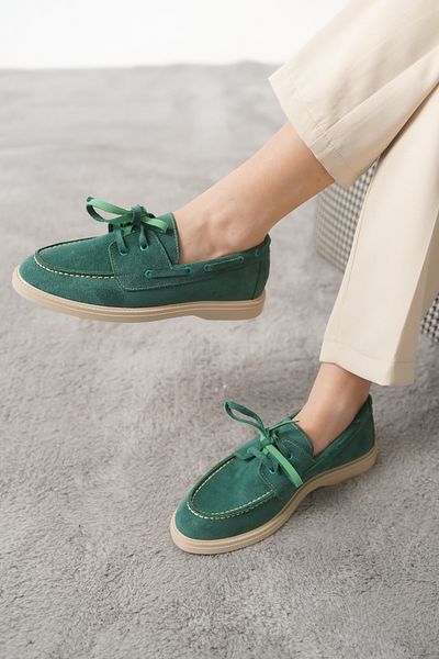 Moda Değirmeni Зелени велурени дамски плоски мокасини с връзки MD1065-113-0001