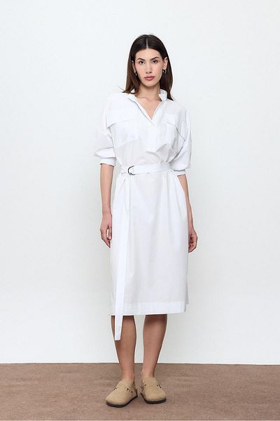 SHERIN White 100% Cotton Midi Length Shirt Dress