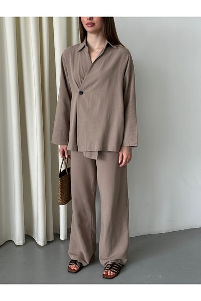 Laluvia Nerzfarbener Kimono-Hosensatz aus 100 % Baumwolle mit zweireihigem Verschluss und einem Knopf – 8351