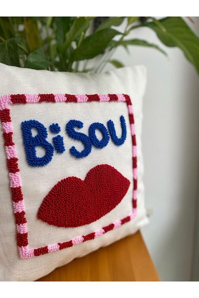 RahanDesign Bisou Punch Embroidered Cotton Throw Pillow Cover - 43X43Cm - Punch Throw Pillow Cover
