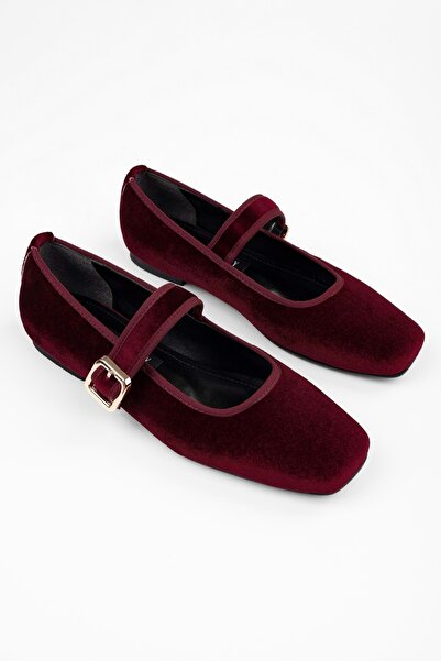 Shoeberry Women's Bobbi Burgundy Velvet Blunt Toe Ballerinas