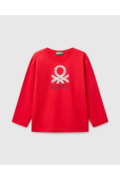 United Colors of Benetton Chłopięca czerwona koszulka z długim rękawem i nadrukiem z logo Benetton