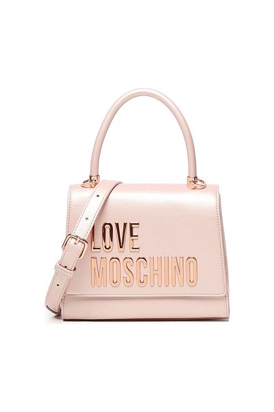 Love Moschino حقيبة كتف نسائية بحزام كتف متقاطع قابل للتعديل وإبزيم مغناطيسي للإغلاق باللون الوردي مع تفاصيل ذهبية JC4024