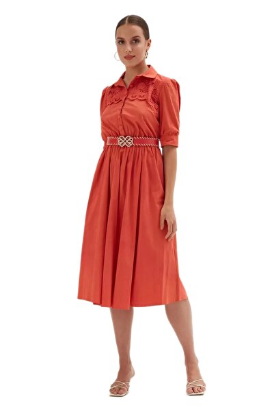 rapellin Φόρεμα Poplin με Κέντημα και Λεπτομέρεια Ζώνης 1778-Πορτοκαλί