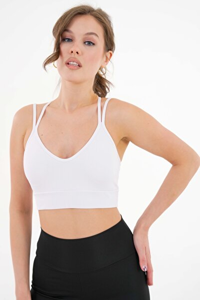 Saade Білий бюстгальтер з V-подібним вирізом, хрестоподібними бретелями та деталями з в'язаного матеріалу - спортивний бюстгальтер з вкладишами