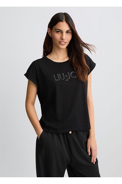 Liu Jo Women Cotton Regular Fit Round Neck Short Sleeve Black T-Shirt Ta5181Js003-W9415