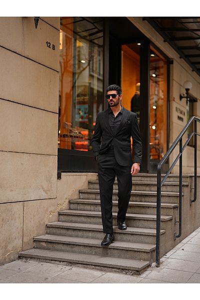 LONATOLİA Men's Premium Suit Italian Style Pleated Pants Punto Stitched Jacket Trousers - Black