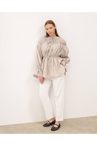 Molly Nelly Women's Ruffled Lacing Cuff Detailed Modal Stone Shirt