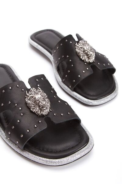 Generic Brand Papuci de damă din piele naturală cu detaliu cataramă 6311 NEGRU