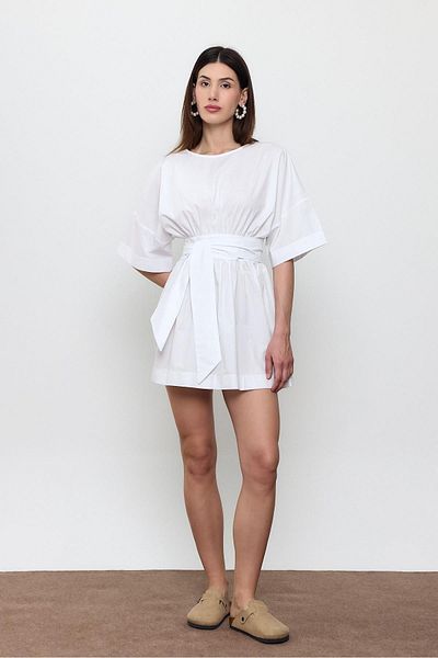 SHERIN White 100% Cotton Mini Dress with Belt