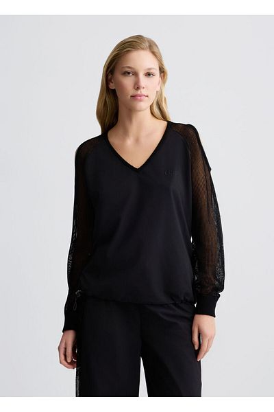 Liu Jo Women's Black Sweatshirt - V-Neck with Waist Mold, Open Sleeves and Tulle Detail