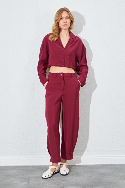 TENA Women's Burgundy Buttoned Modal Fabric Trousers