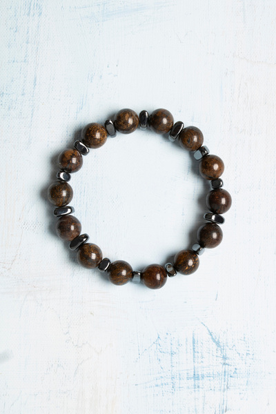 Deniz Doğal Taş Sertifikalı Doğal Bronzit ve Hematit Taşı Bileklik