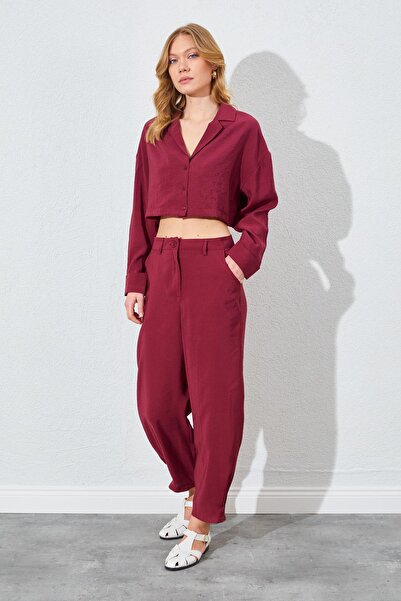 TENA Women's Burgundy Buttoned Modal Fabric Trousers