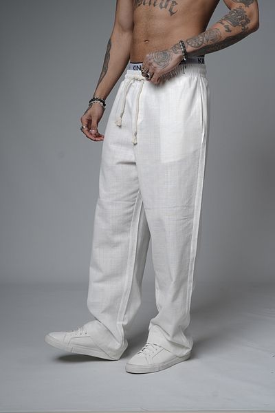 Butik Trend Biz Baggy Fit Lycra-Free Linen Fabric Men's Trousers with Elastic Waist and Drawstring