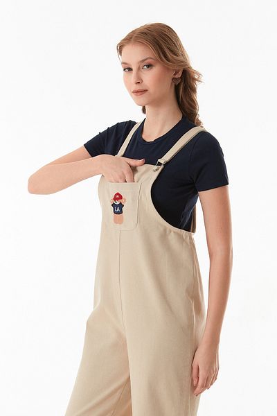 Fulla Moda Teddy Bear Embroidered Strappy Jumpsuit with Front Pocket