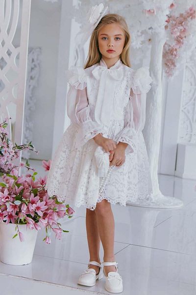 Riccotarz Girl's Collar Shawl Detailed Shoulders Ruffle Spanish Sleeve Transparent Tulle Lace Embroidered White Dress