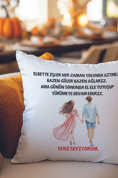 qoeuyl boutique Holding Hands and We Go on Walking Printed Romantic Gift Fiber Satin Decorative Pillow