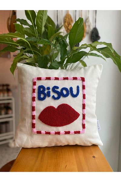 RahanDesign Bisou Punch Embroidered Cotton Throw Pillow Cover - 43X43Cm - Punch Throw Pillow Cover