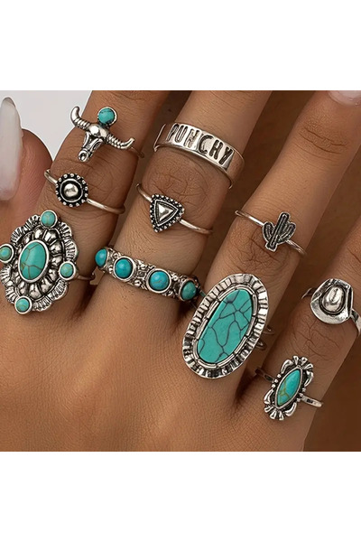 Choice AY6173801HB مجموعة من 10 خواتم عصرية على الطراز الغربي للنساء والرجال على شكل رأس ثور فيروزي عتيق وزهرة اللوتس والشمس