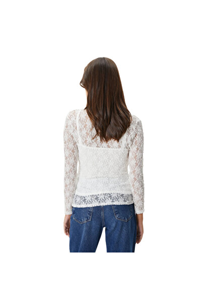 CANYILDIZ Kadın Beyaz Dantelli Uzun Kol Body (badi)