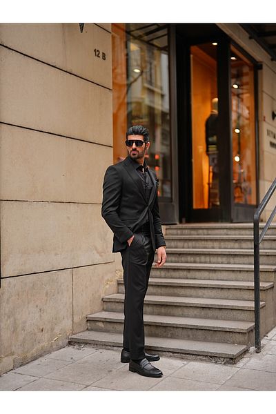LONATOLİA Men's Premium Suit Italian Style Pleated Pants Punto Stitched Jacket Trousers - Black