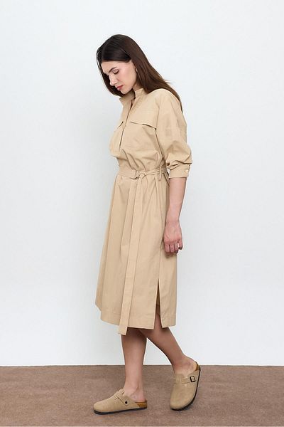 SHERIN Beige 100% Cotton Midi Length Shirt Dress