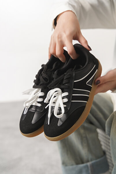 Moda Değirmeni Black-White Women's Sneaker Md1095-101-0003 Double Lace-Up Non-Slip Sole